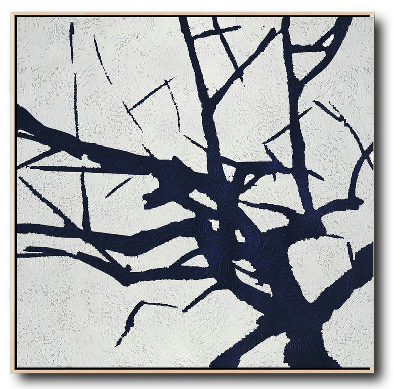Acrylic Painting On Canvas,Minimalist Navy Blue And White Painting,Large Abstract Art Handmade Acrylic Painting